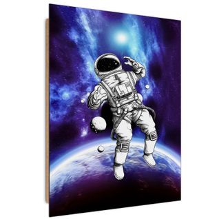 Tableau Bois Cosmonaute Dans L'espace 40 X 60 Cm Bleu
