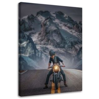 Tableau Motard Sur La Route 50 X 70 Cm Bleu