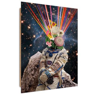Tableau Bois Astronaute Collage 70 X 100 Cm Noir