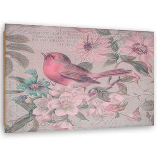Tableau Bois Oiseau Et Fleurs 70 X 50 Cm Rose