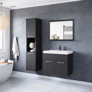 Salle De Bain Suspendue Lavabo Miroir + Colonnes Noir Mat