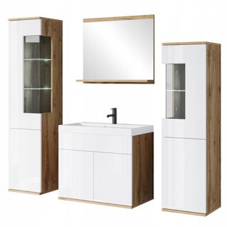 Salle De Bain Suspendue Lavabo Miroir + Verre Chêne Wotan / Blanc Brillant