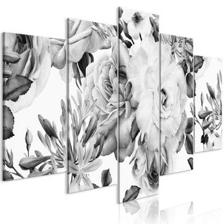 Tableau Fleurs Rose Composition (5 Parts) Wide Black And White 200x100 Cm