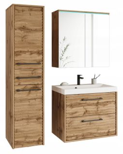 Salle De Bain Suspendue LED Lavabo Miroir Colonne Mdf Chêne Wotan