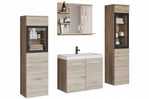 Salle De Bain Suspendue LED Lavabo 2 Colonnes + Miroir Étagères Chêne San Remo Mat