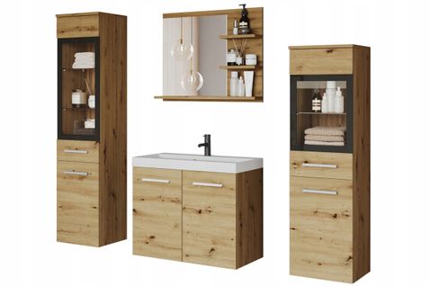 Salle De Bain Suspendue LED Lavabo 2 Colonnes + Miroir Étagères Chêne Artisan