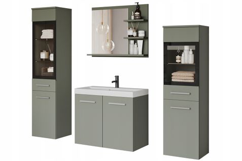 Salle De Bain Suspendue LED Lavabo 2 Colonnes + Miroir Étagères Vert Brumeux