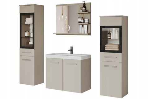 Salle De Bain Suspendue LED Lavabo 2 Colonnes + Miroir Étagères Beige Cachemire