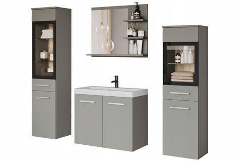 Salle De Bain Suspendue LED Lavabo 2 Colonnes + Miroir Étagères Gris Palladium