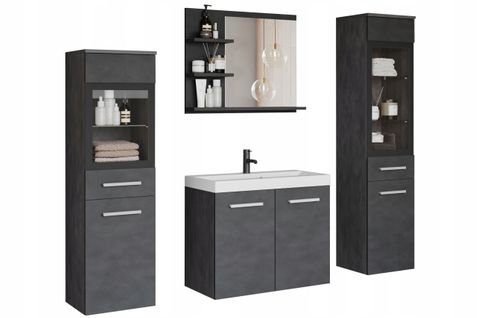 Salle De Bain Suspendue LED Lavabo 2 Colonnes + Miroir Étagères Anthracite Matera