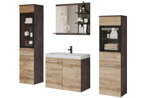 Salle De Bain Suspendue LED Lavabo 2 Colonnes + Miroir Étagères Anthracite / Châtaignier