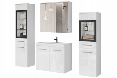 Salle De Bain Suspendue LED Lavabo 2 Colonnes + Armoire Miroir Blanc Mat / Blanc Brillant