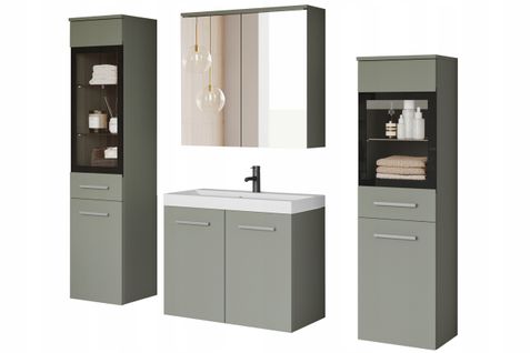 Salle De Bain Suspendue LED Lavabo 2 Colonnes + Armoire Miroir Vert Brumeux