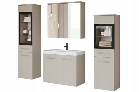 Salle De Bain Suspendue LED Lavabo 2 Colonnes + Armoire Miroir Beige Cachemire
