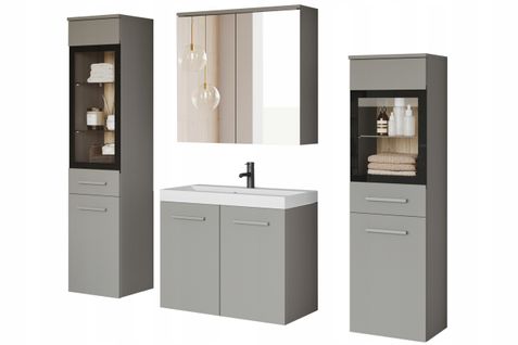 Salle De Bain Suspendue LED Lavabo 2 Colonnes + Armoire Miroir Gris Palladium