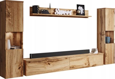 Mur TV 4 Pièces LED: 2 Colonnes + TV 180 Cm + Étagère, Chêne Wotan Mat