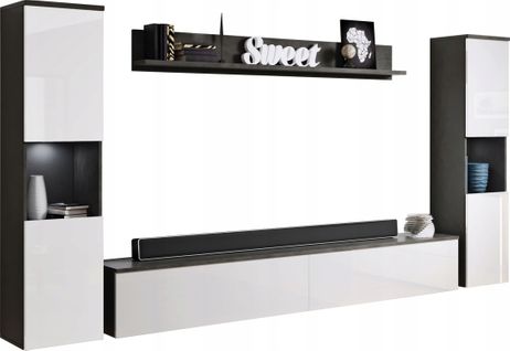 Mur TV 4 Pièces LED: 2 Colonnes + TV 180 Cm + Étagère, Anthracite Mat / Blanc Brillant