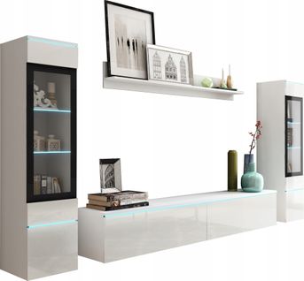 Ensemble Salon 4 Éléments LED: TV 180 + 2 Vitrines + Étagère, Blanc Mat / Blanc Brillant