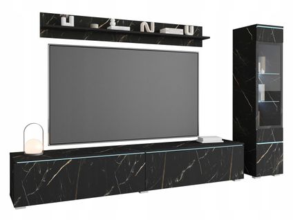 Ensemble Salon 3 Éléments LED: TV 180 + Vitrine + Étagère, Marbre Mat