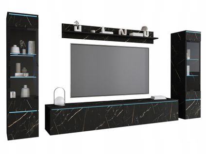 Ensemble Salon 4 Éléments LED: TV 180 + 2 Vitrines + Étagère, Marbre Mat