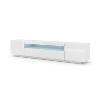 Meuble TV Bas Universel Aura 200 Cm à Suspendre Ou à Poser Blanc Mat / Blanc Brillant Avec LED