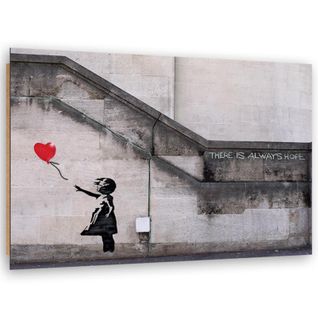 Tableau Bois Ballon En Forme De Coeur Fille Banksy Street Art 30 X 20 Cm Gris