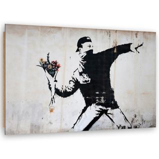 Tableau Bois Banksy Militant Graffiti Avec Des Fleurs 120 X 80 Cm Blanc