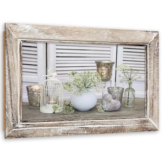 Tableau Bois Nature Morte Dans Un Cadre En Bois Shabby Chic 90 X 60 Cm Blanc