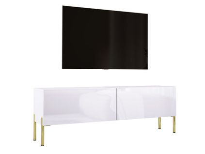 Meuble TV : Blanc Mat / Blanc Brillant, Pieds Or, 140 X 52 X 32 Cm