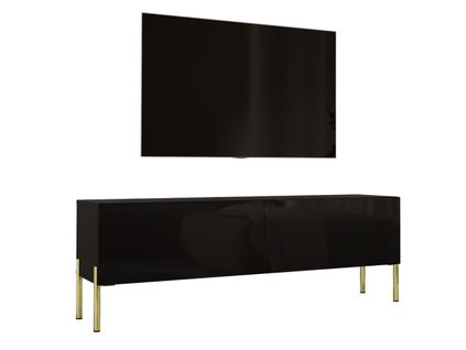 Meuble TV : Noir Mat / Noir Brillant, Pieds Or, 140 X 52 X 32 Cm