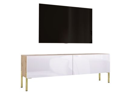 Meuble TV : Chêne Wotan / Blanc Brillant, Pieds Or, 140 X 52 X 32 Cm