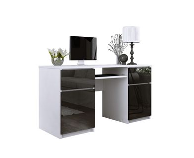 Bureau : 2 Tiroirs, 2 Portes, 5 Étagères, Blanc Mat, Noir Brillant, 135 X 77 X 50 Cm