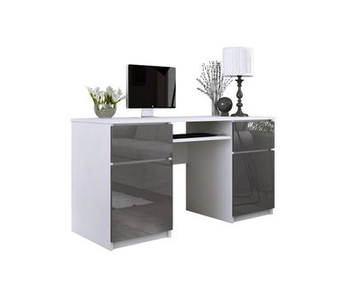 Bureau : 2 Tiroirs, 2 Portes, 5 Étagères, Blanc Mat, Gris Brillant, 135 X 77 X 50 Cm