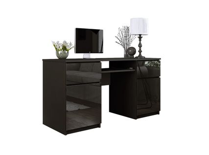 Bureau : 2 Tiroirs, 2 Portes, 5 Étagères, Noir Mat, Noir Brillant, 135 X 77 X 50 Cm