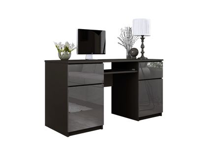 Bureau : 2 Tiroirs, 2 Portes, 5 Étagères, Noir Mat, Gris Brillant, 135 X 77 X 50 Cm