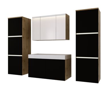 Ensemble Meuble Salle De Bain, Wotan Chêne, Noir Mat, 160 X 130 Cm