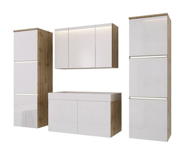 Ensemble Meuble Salle De Bain, Wotan Chêne, Blanc Brillant, 160 X 130 Cm