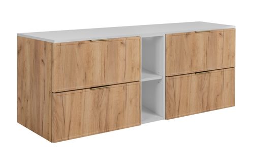 Meuble De Salle De Bain, Chêne Craft / Blanc, Poignée Dorée, 180 ( 2 X 80 + 20) X 46 X 57 Cm