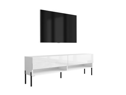 Meuble TV 170 Cm Blanc Mat / Blanc Brillant, Pieds Droits Noirs, 170 X 32 X 52 Cm