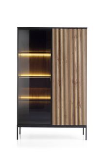 Vitrine Haute Moderne à Façade Cannelée, 104 X 166 X 39 Cm, Noir / Chêne Wotan