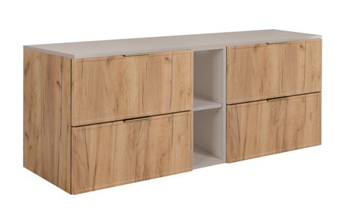 Meuble De Salle De Bain, Chêne Craft / Cachemire, Poignée Dorée, 140 ( 2 X 60 + 20) X 46 X 57 Cm