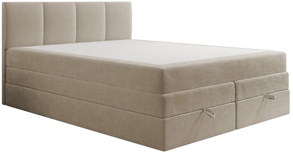 Lit Boxspring 140x200 Cm Prado Avec Rangement Et Matelas Ressorts Ensachés En Velours Beige