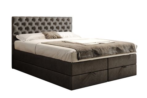 Lit Boxspring 160x200 Cm Louvre Rangement Et Matelas Ressorts Ensachés En Velours Gris Foncé