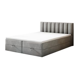 Lit Adulte 160x200 Cm City Matelas Ressorts Intégrés, Rangement, Surmatelas En Velours Gris Clair