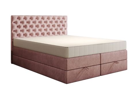 Lit Boxspring 140x200 Cm Louvre Avec Rangement Et Matelas Ressorts Ensachés En Velours Rose
