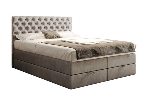 Lit Boxspring 160x200 Cm Louvre Rangement Et Matelas Ressorts Ensachés En Velours Gris Clair