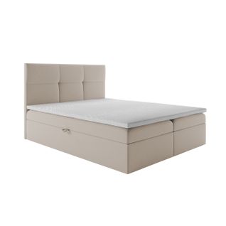 Lit Boxspring 140x200 Cm Top Avec Matelas Ressorts Intégrés, Rangement, Surmatelas En Velours Beige