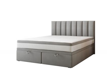Lit Adulte 200x200 Cm Bond Avec Rangement Et Matelas Ressorts Ensachés En Tissu Velours Gris