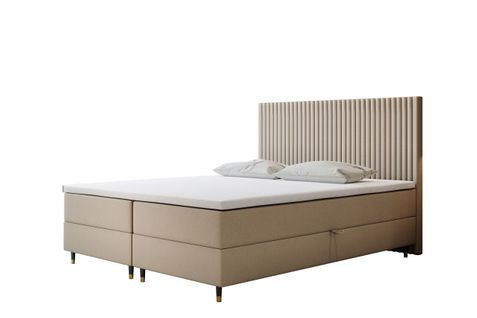 Ensemble 180x200 Cm Estepona Avec Matelas Ressorts Intégrés, Rangement, Surmatelas En Velours Beige