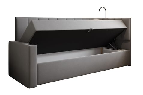 Lit Boxspring 80x200 Cm Tokio Avec Matelas Ressorts Intégré Et Rangement - Gris - Gauche